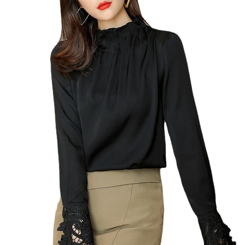 White Silk Shirt Female Long Sleeve Stand Collar Shirt Half High Collar Pullover Bottomed Shirt Mulberry Silk OL Tops