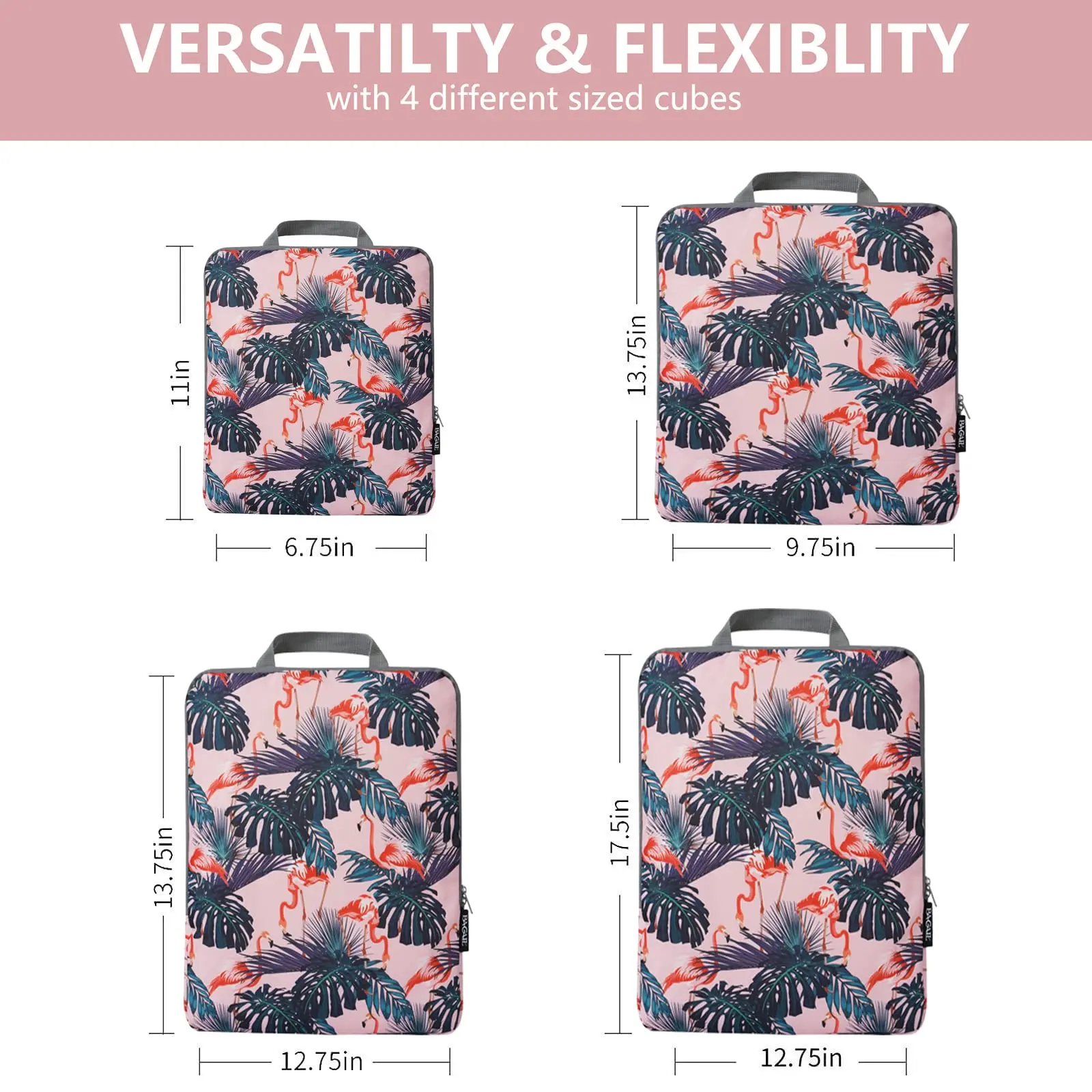 4PCS Pink Flamingos Durable Compression Packing Cubes Travel Accessories Suitcase Organizer Bag Portable Folding Luggage Storage