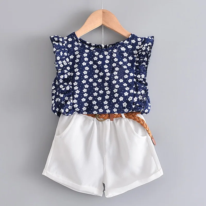 

2023 New Spring/Summer New Korean Girls' Fragmented Flowers Sleeveless T-shirt Plus Shorts Refreshing Set Pants (Free Belt)