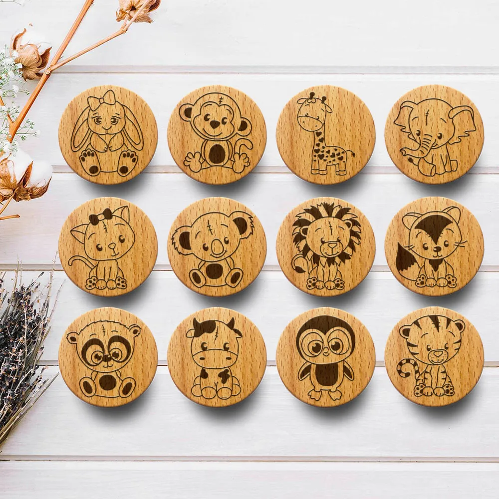 

New Engraved Cute Animal Wooden Drawer Knob Boho Nursery Cabinet Pulls Nature Wood Coat Hook Children's Room Furniture Handles