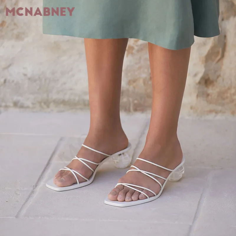 Cross Thin Strap Bulbous Slippers Crystal Ball Shaped Heel Fashion Square Toe Strap Sandal Temperament Sexy Female Slippers