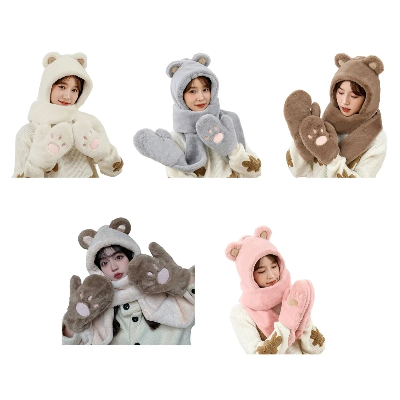 

Cute Bear Style Warm Hooded Scarf for Commute Hooded 3 In 1 Scarves for Winter Hood Scarf Hat Glove Ladies DXAA