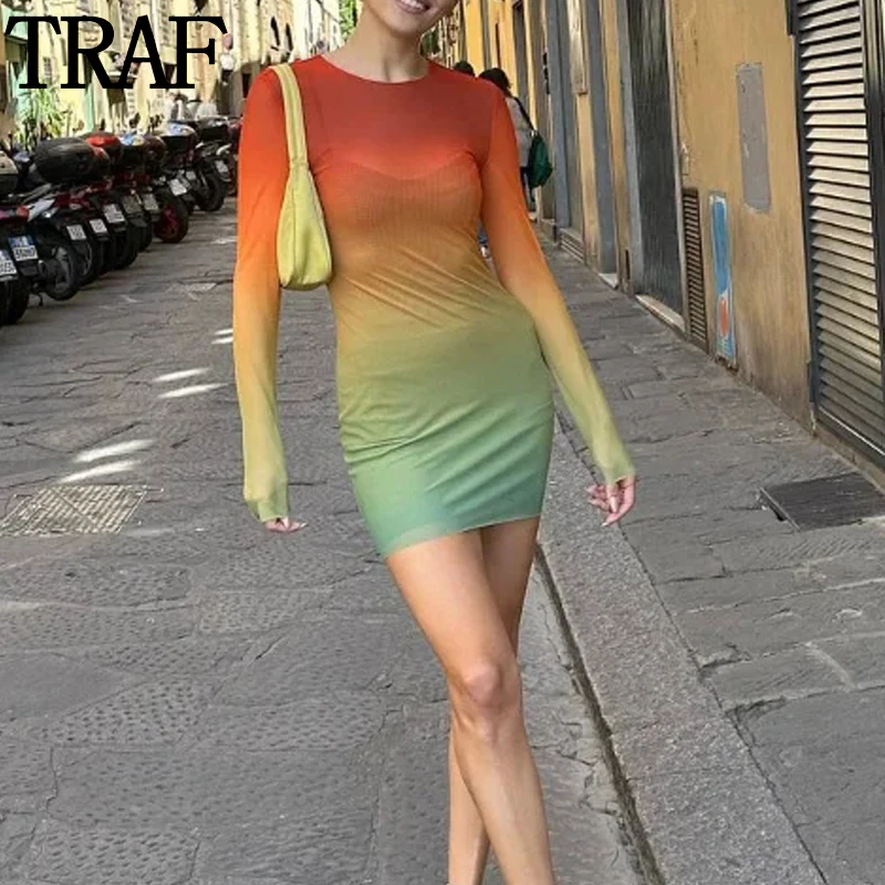 

Сетчатое облегающее платье TRAF с градиентом, женские тюлевые короткие платья для женщин, полупрозрачное мини-платье с длинным рукавом, летние повседневные платья