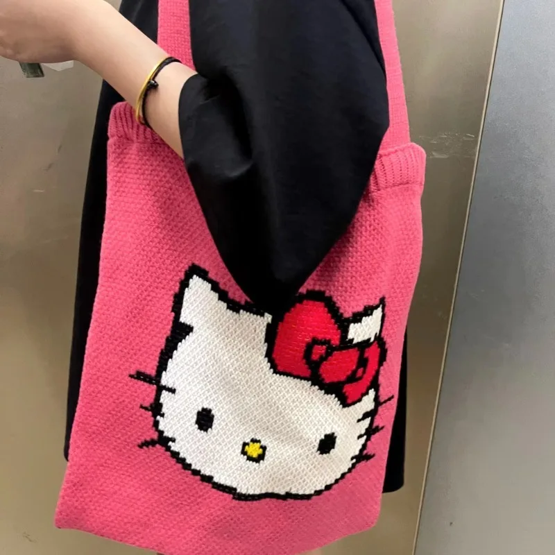 

New Kawaii Sanrio Hello Kitty Knitted Bag Kitty Cartoon Handle One Shoulder High Capacity Ins Handbag Y2K Tote Bag Girl Gifts