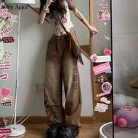 juicy apple jeans woman retro streetwear button up low rise jeans with pockets indie aesthetics full length brown denim trousers