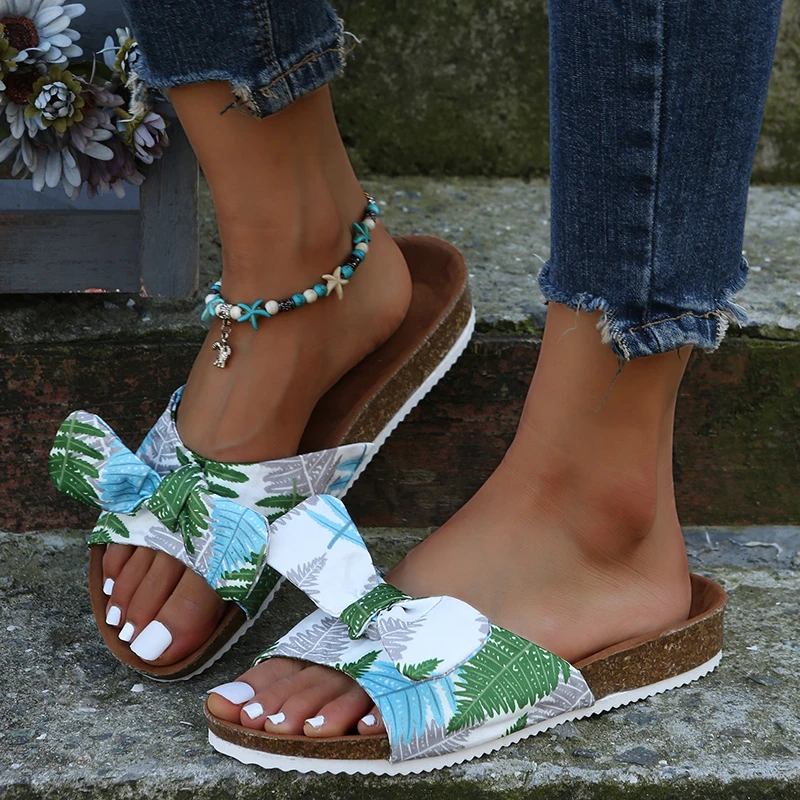 

New Fashion Summer Bowknot Cork Slipper Women Casual Beach Holiday Outside Print Slides Shoe Sandals Women 2023