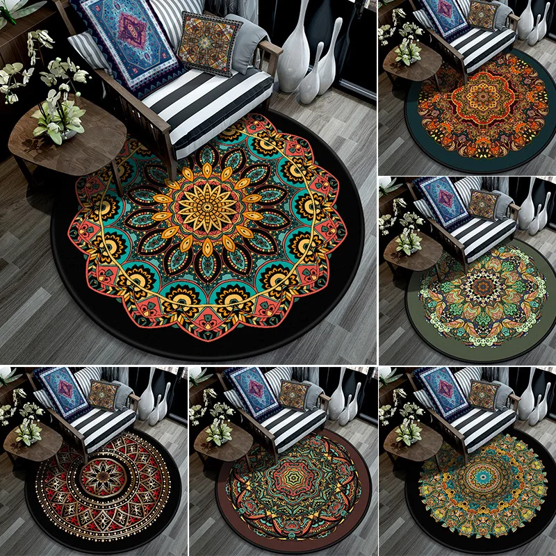 

Ethnic Style Round Carpet Floor Mat Mandala Printing Coffee Table Hanging Basket Living Room Crystal Velvet Home Decoration