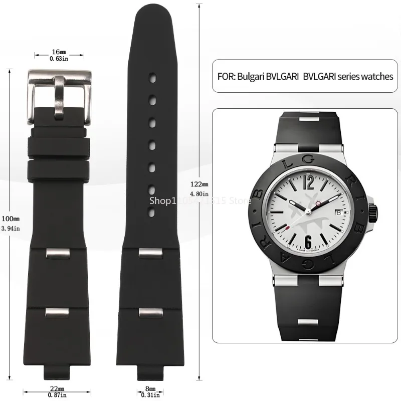 Фото Ремешок для часов из каучука 8 мм для серии Bvlgari, 22/24 мм, черный полимерный ремешок с выемкой + серебряная пряжка + инструмент №1
