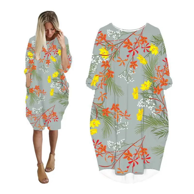 

new summer dresses for women 2023 ladies Long sleeve clothes plus size womans clothing midi female dress print plants floral HH