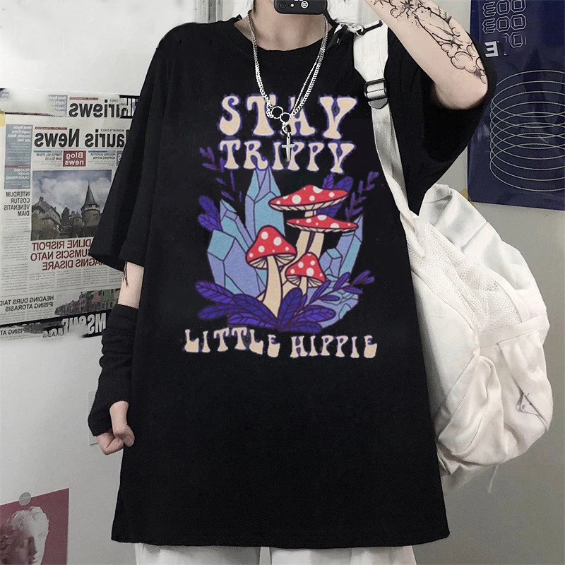 

Mushroom Print Oversized T-Shirt Women Aesthetic Punk Gothic Women Clothing Harajuku Streetwear Top Tees Goth Woman Tshirt Black