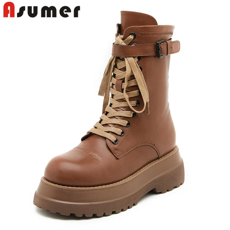 

ASUMER 2023 New Cross Tied Microfiber Women Boots Thick Med Heels Platform Shoes Winter Autumn Ladies Ankle Boots