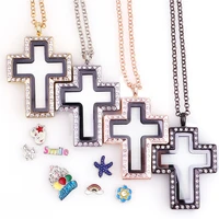 5pcs alloy cross rhinestones memory floating locket charm pendant necklace keychain for men women gift jewelry making bulk