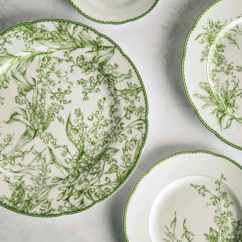 

Ins High-value Green Flower Print Dinner Plate Household Chinese Style Dishes Tableware Plate plate set