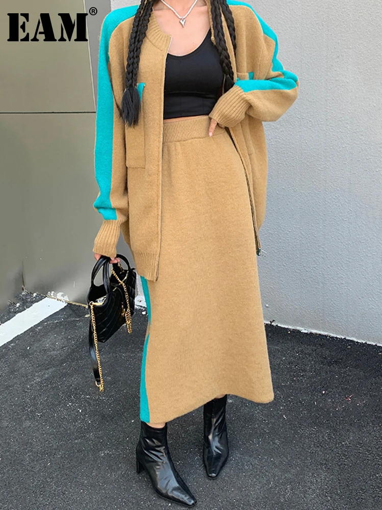 [EAM]  Half-body Skirt Khaki Knitting Big SizeTwo Pieces Suit New Long Sleeve Women Fashion Tide Autumn Winter 2022 1DF2409