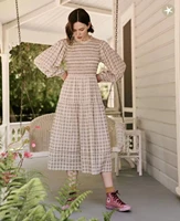 Women Vintage Style High Elastic Geometric Pattern Lantern Sleeve Maxi Long Linen Dress
