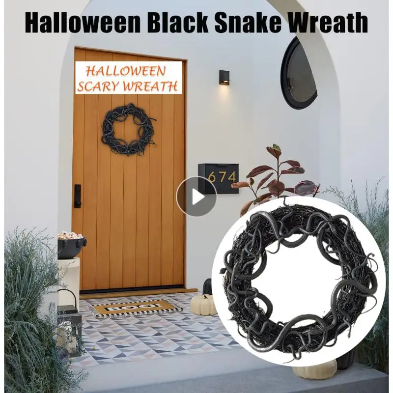 

Искусственная черная змеиная венок на Хэллоуин, жуткий 3D искусственный черный Змеиный орнамент, деревенские ветки на входной двери, гирлян...