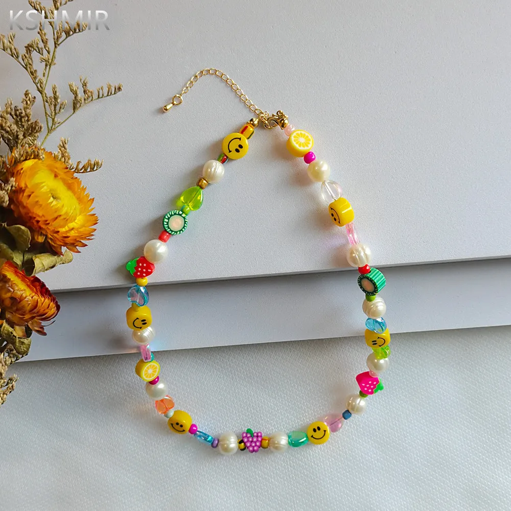 

2022 New soft clay fruit necklace fresh water pearl temperament female clavicle chain smiley face