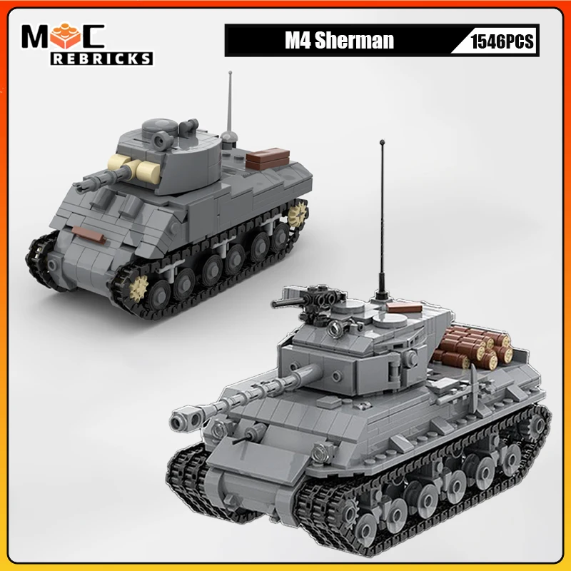 Фото MOC Вторая мировая война, военная серия США M4A3E8, Шерман, средний гусеничный бронированный танк, строительные блоки, модель «сделай сам», головоломка, кирпичи, игрушки, рождественские подарки №1