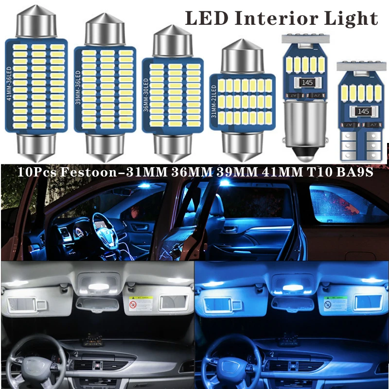 

10Pcs LED Bulbs Canbus Festoon-31MM 36MM 39MM 41MM T10 BA9S chip NO Error Car Interior Dome Light Reading Light 12V accessories