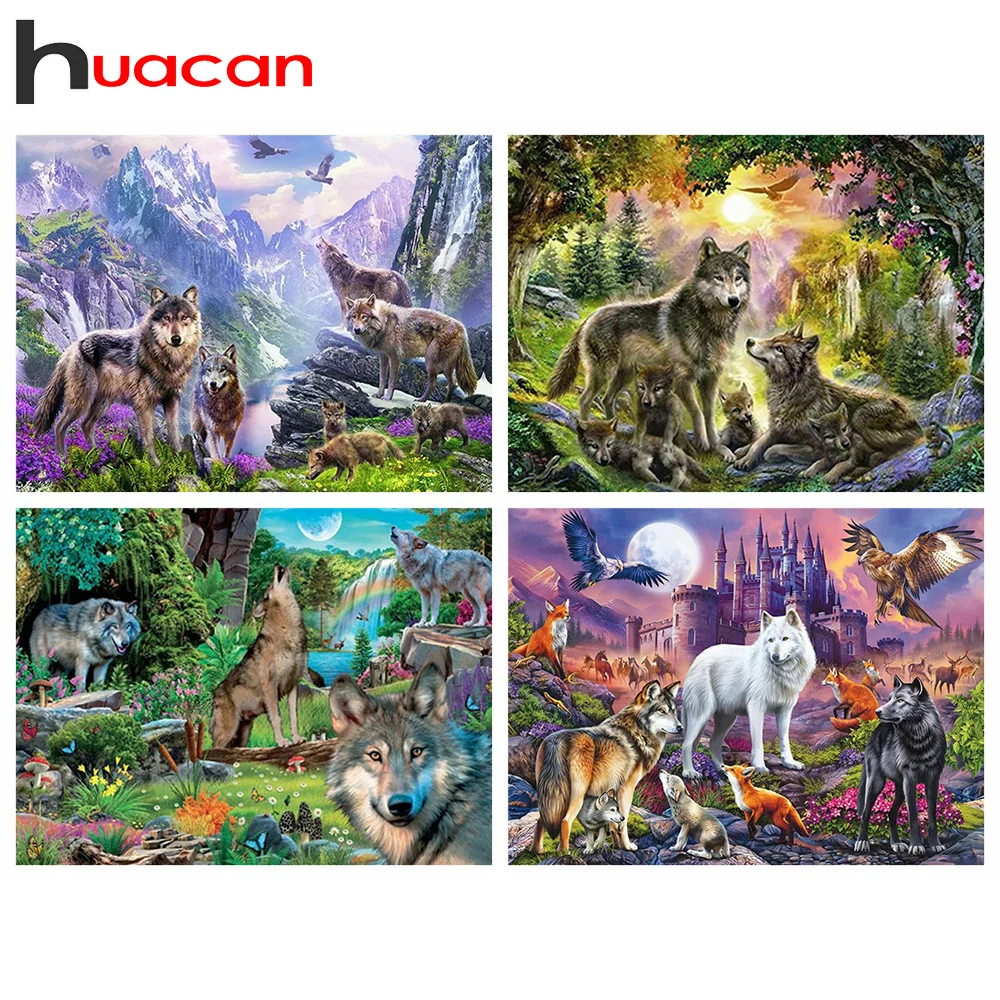 

Алмазная живопись 5D Huacan, картина «сделай сам» с волком, полная квадратная/Круглая Мозаика, искусственная вышивка, вышивка, украшение для дом...