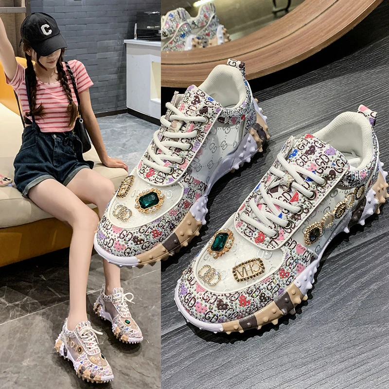 

Fashion Inlaid Thick Bottom Shoes Luxury Designer Garden Shoes Women Casual Glitter Flat Sneakers Ladies Sequin Vulcanized Shoes