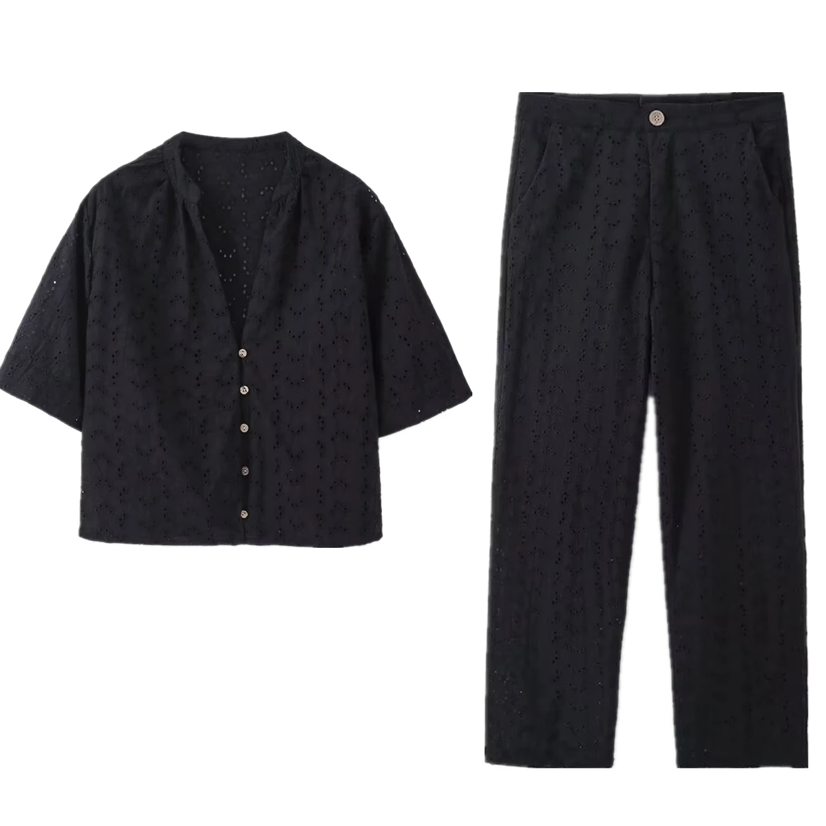 Рубашка Maxdutti с вырезами черные прямые штаны повседневные брюки минималистичный