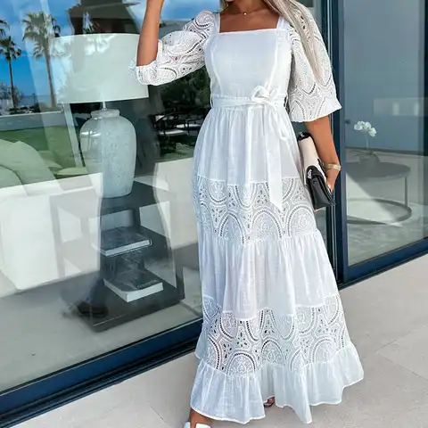 Summer 2023 Women Lace Square Collar Holiday Dress Sexy Lace-Up Puff Sleeve Party Dress Fashion Hollow A-Line Long Beach Dresses
