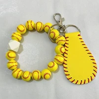 baseball wristlet keychain 5pcs white yellow sports wooden beads monogram keychain with tassel keychains for bag accessories