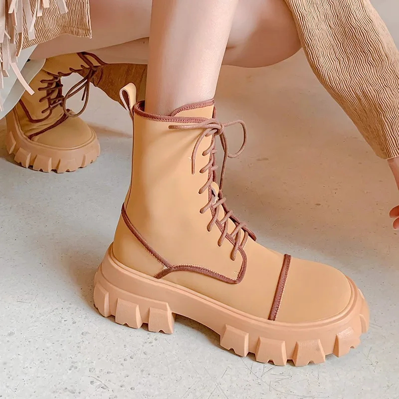 

2021 Autumn Winter Women Ankle Boots Platform Square High Heel Ladies Short Boots PU Leather Round Toe Women's Boots