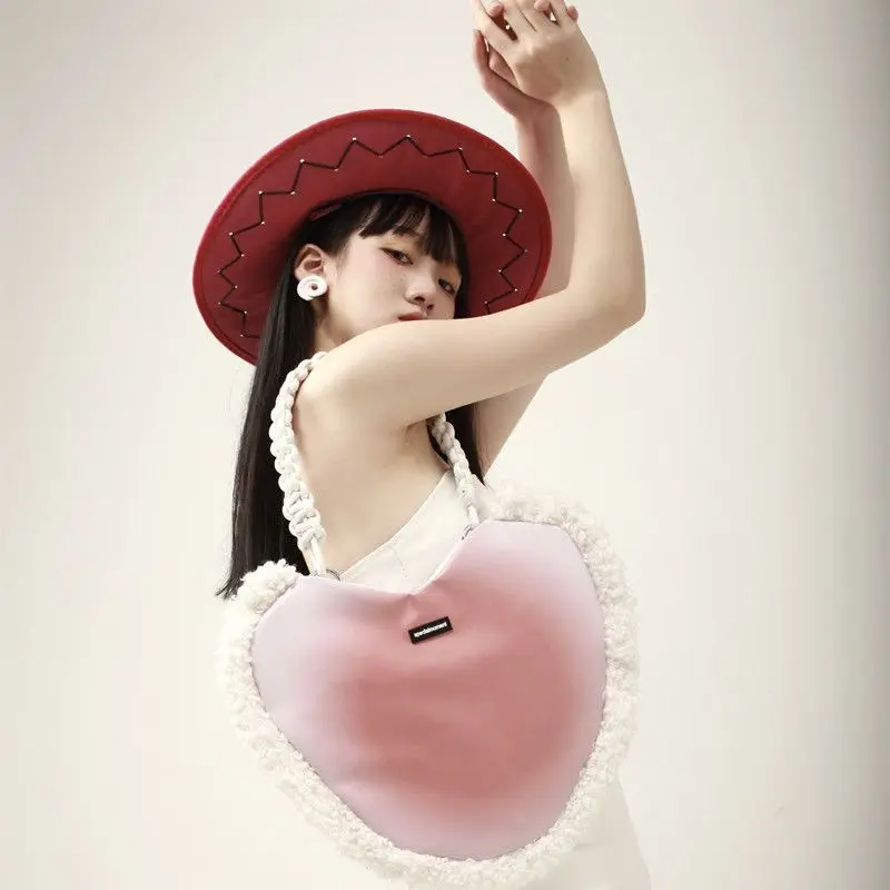 

Irregular Heart Design Handbag Korean Fashion Plush Gradient Pink Shoulder Bag PU Y2k High Street Checkerboard Crossbody Bag