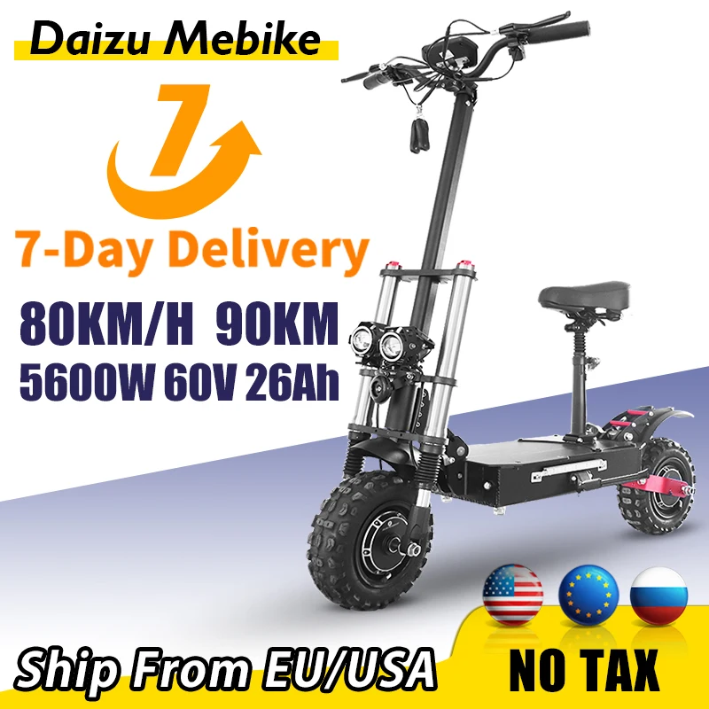 

60V 5600W Powerful Max Speed Electric Scooter 85 km/h 100km Dual Motor E scooter 11inch Tires Electric Skate with Seat Folding