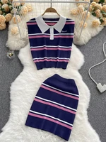 foamlina casual women knitted 2 piece set fashion summer knitwear striped print sleeveless crop top and mini pencil skirt suits
