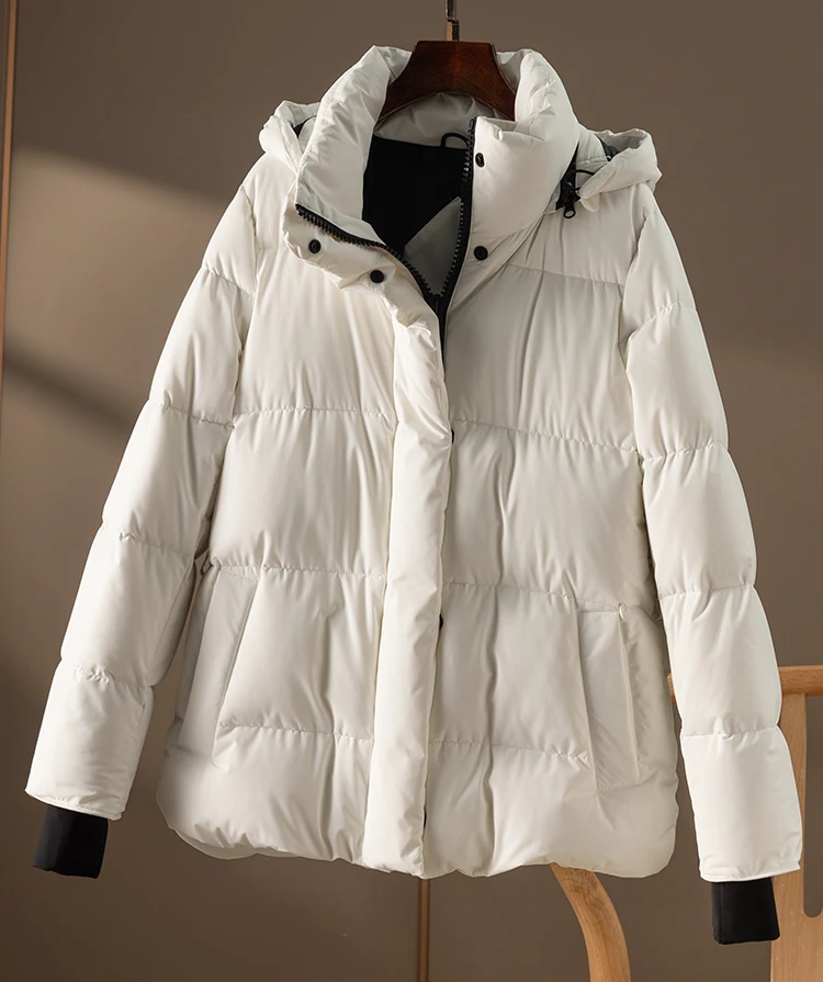 Sporty Style 95%  White Duck Down Jacket Women Winter Zipper Hat Detachable Adjustable Waist  Coat  Puffer Jacket
