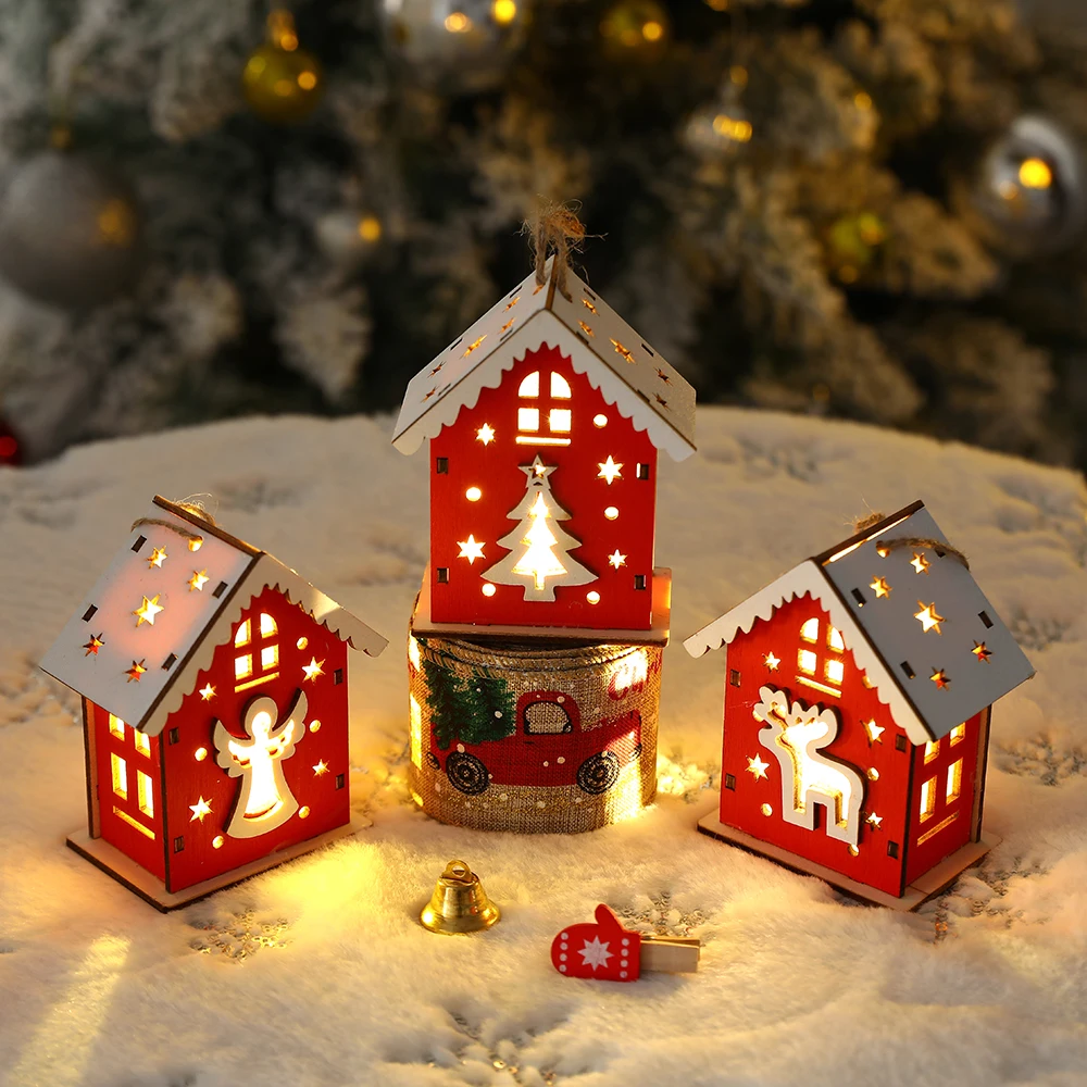 

New Christmas Wooden House Pendant Snowman Elk Santa Claus Bear House Lighting Glowing Log Cabin Christmas Decoration Supplies