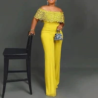 sexy off shoulder wedding party jumpsuit women elegance yellow lace one piece bitrhday evening night club summer overalls female