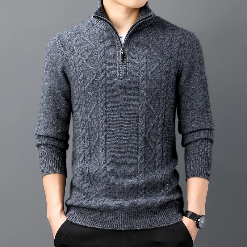 Men's Woolen Sweater 100 Pure Wool Half Turtleneck Winter Thickened Jacquard Weave Zip Sweaters Men's Sweater