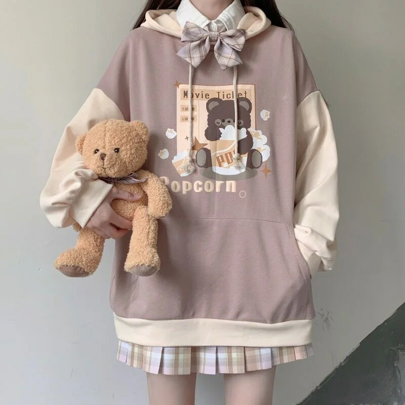 

Cartoon Bear Print Hoodies Japanese Students Autumn Long Sleeve Top Loose Patchwork Clothes Harajuku Pullovers