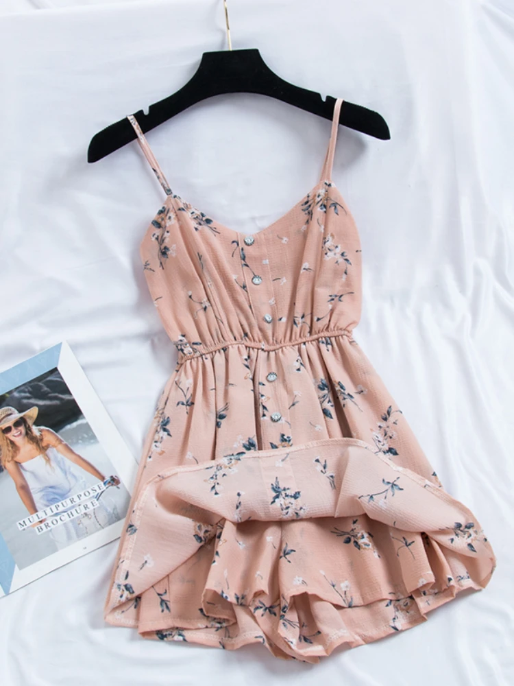 Women Sweet Floral Print Jumpsuits New 2020 Summer Sexy V Neck Spaghetti Strap Body Playsuit Woman Beach Chiffon Overalls Romper