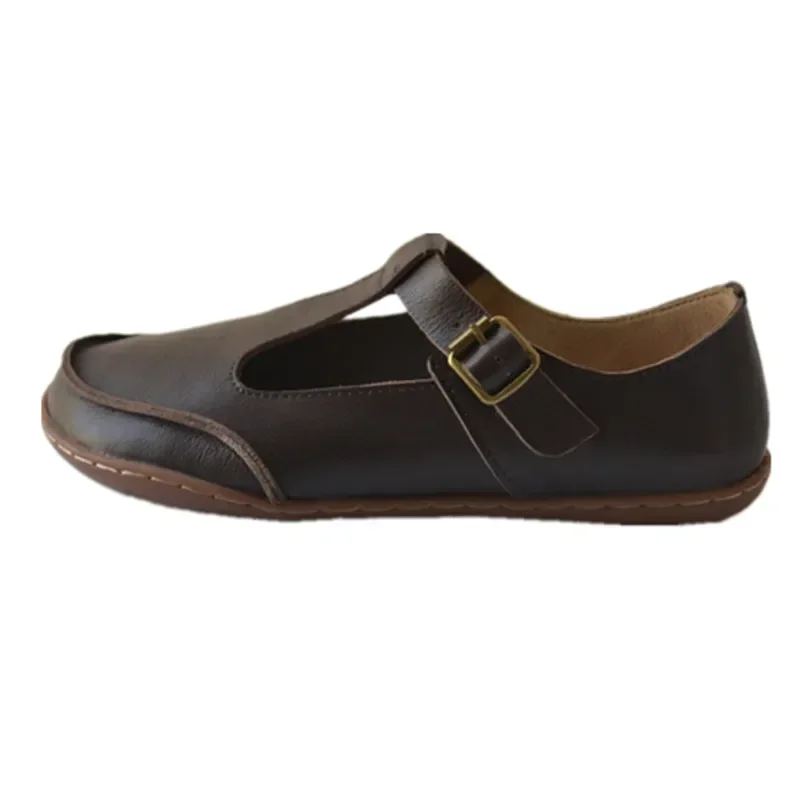 Женская обувь из воловьей кожи в стиле ретро Т-образная форма на плоской подошве