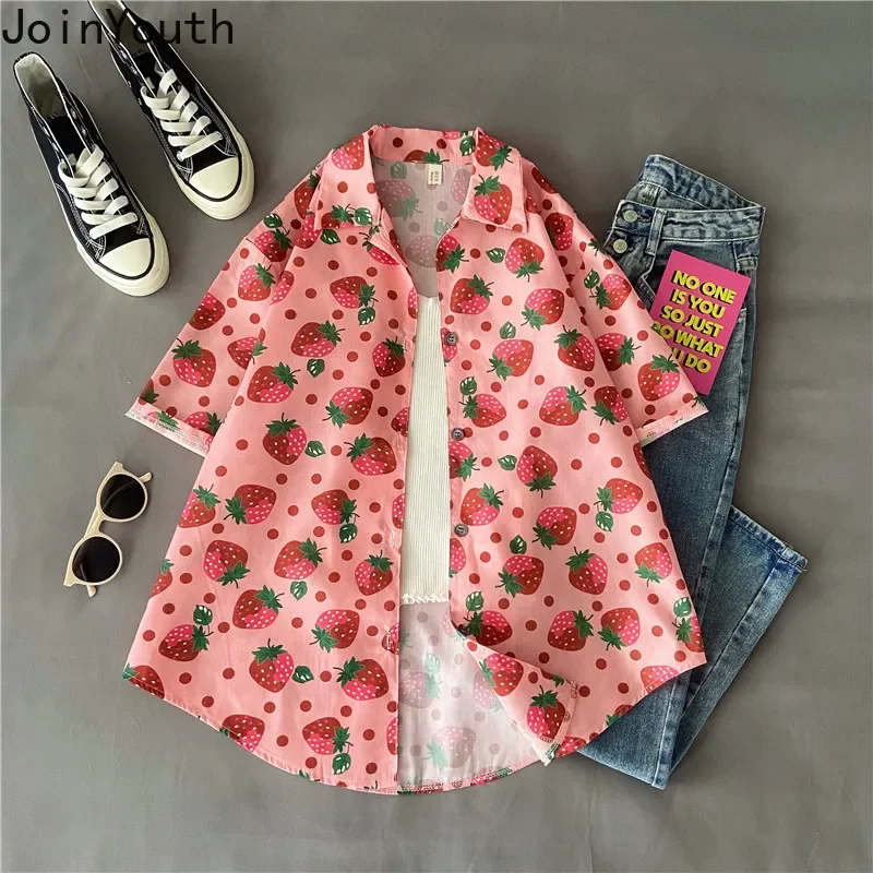 Женские топы Joinyouth рубашки с клубничным принтом свободные повседневные уличная