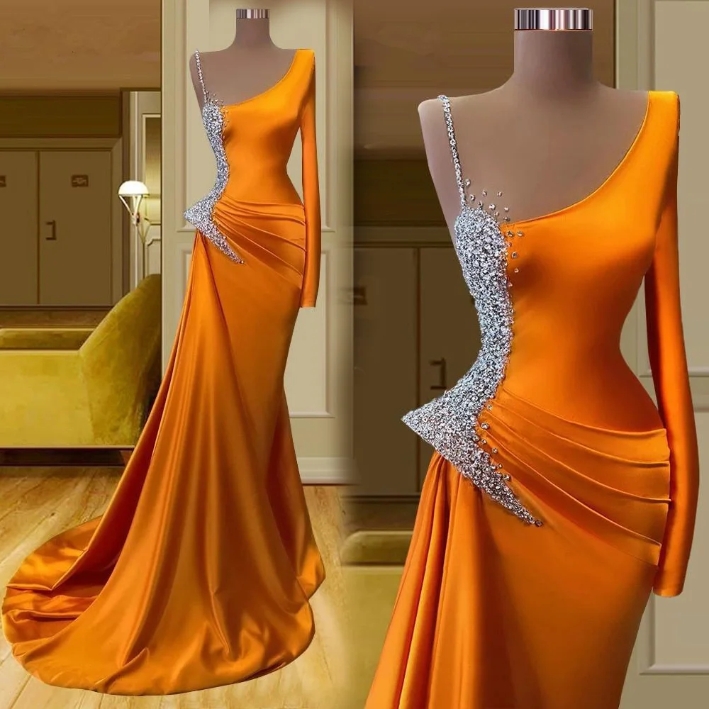 

New Custom Evening Dresses Trumpet One-Shoulder Long Sleeve Floor-Length Sweep Train Crystal Beaded Sequins Satin