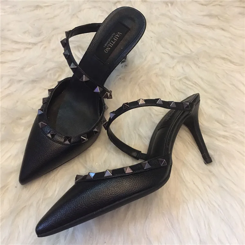 2023 Summer Leather Fashion Brand Women 's Sandals High Quality Riveted High Heels Sexy Party Women's Shoes Comfortable Pumps
