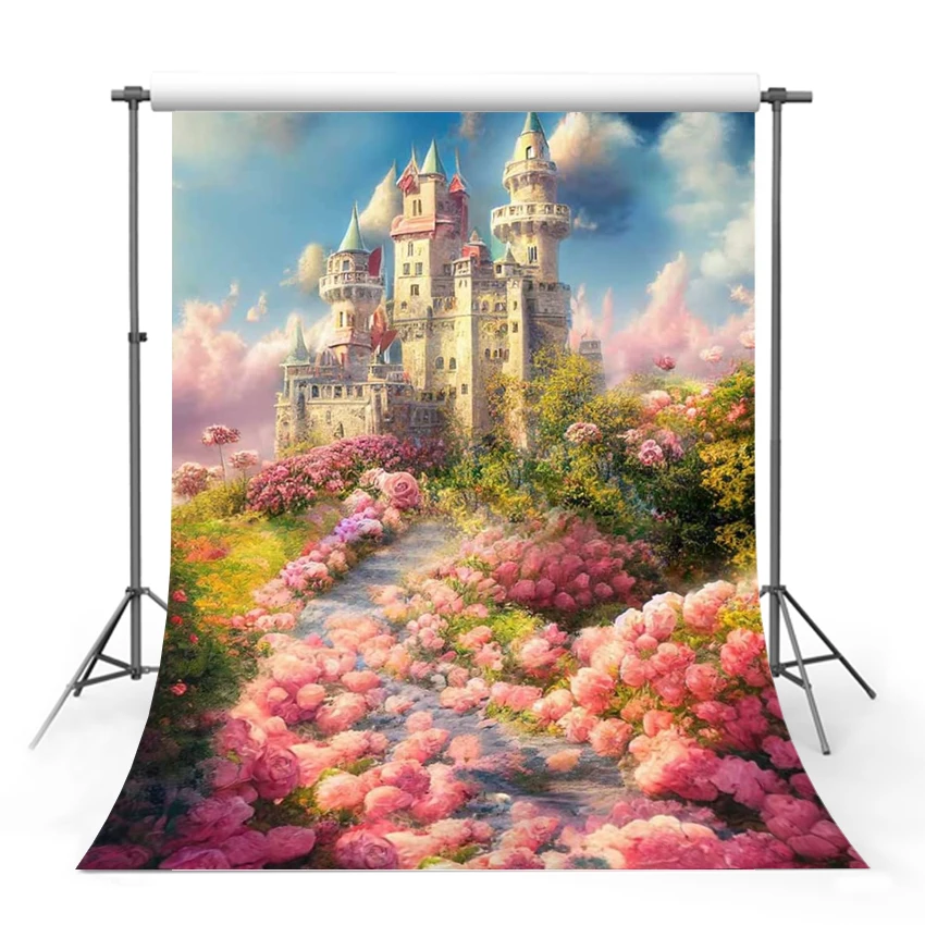 

Pink Castle Girl Princess Photography Backdrops Fantasy Wonderland Green Grass Children Birthday Portrait Photo Background Decor