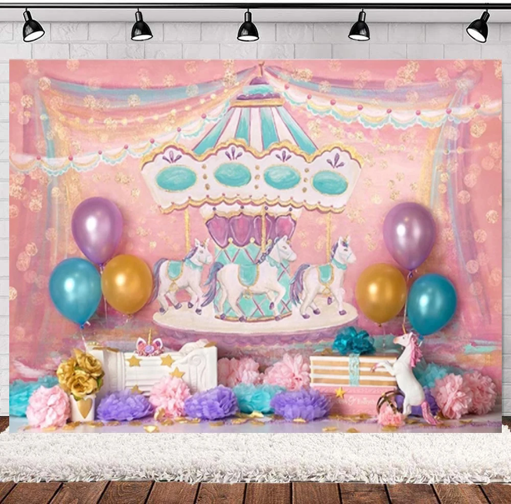 

Photography Backdrop Pink Carousel Ribbon Spots Unicorn Balloon Newborn Birthday Party Custom Photo Vinyl Background