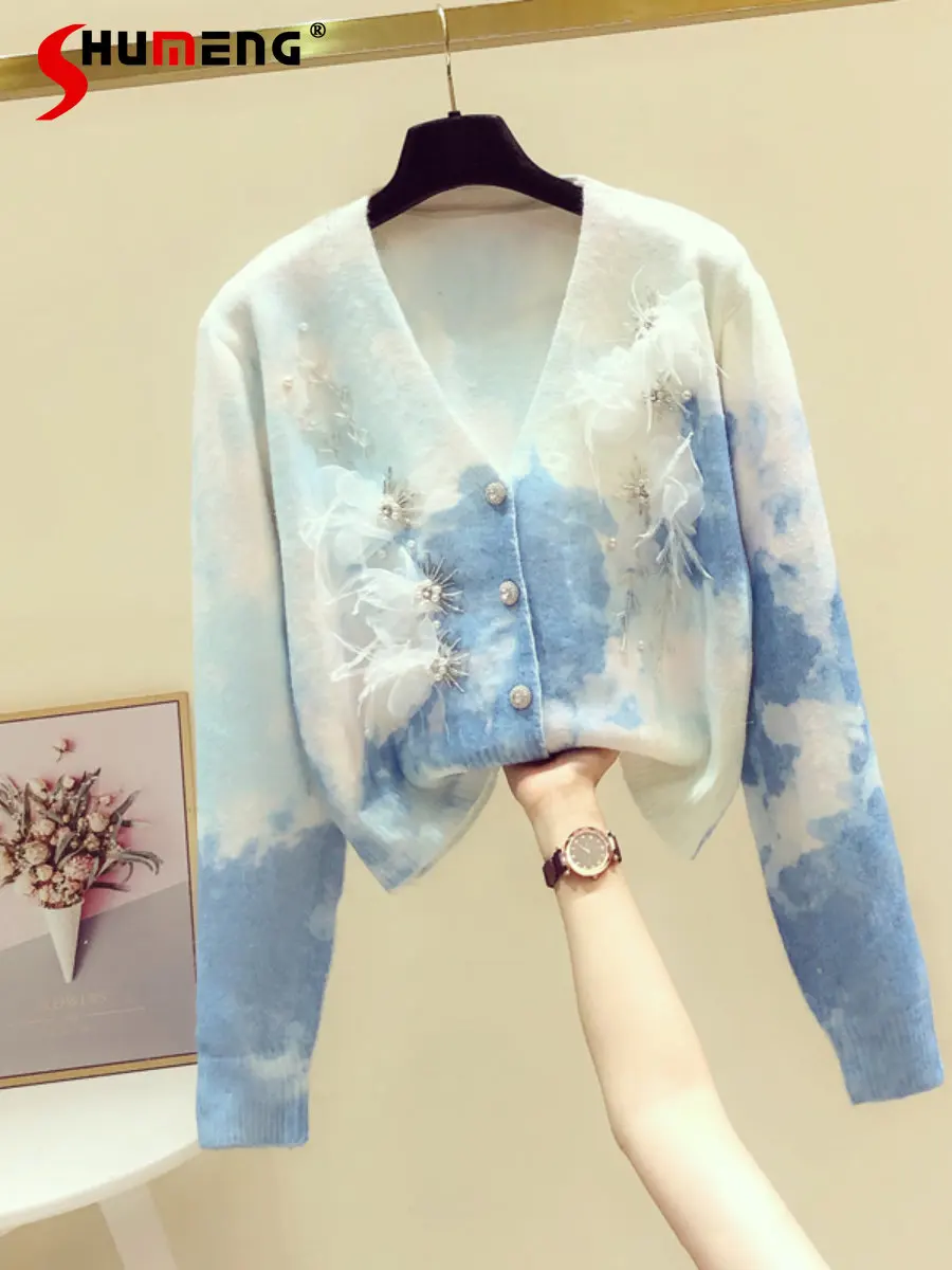 Sweet Beaded Flower Gradient Color V-neck Cropped Sweater Coat Women 2022 Autumn Winter New Long Sleeve Knitted Cardigan Jacket