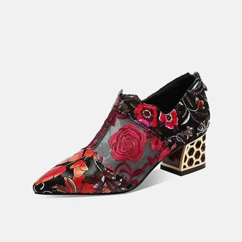 2022 Spring Mesh Shoe Woman,Embroidery Flower High Heels,Ethnic Hand Made Pumps,Pointed toe,Female Footware,RED,BLUE,Dropship