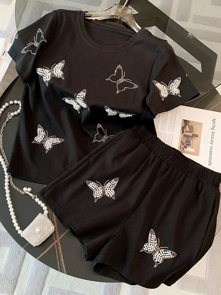 

F GIRLS Casual Beaded Butterfly Short Sleeve 2 Piece Sets Women 2023 Summer Korean O Neck T Shirts+Fashion Sports Wide-Leg Short