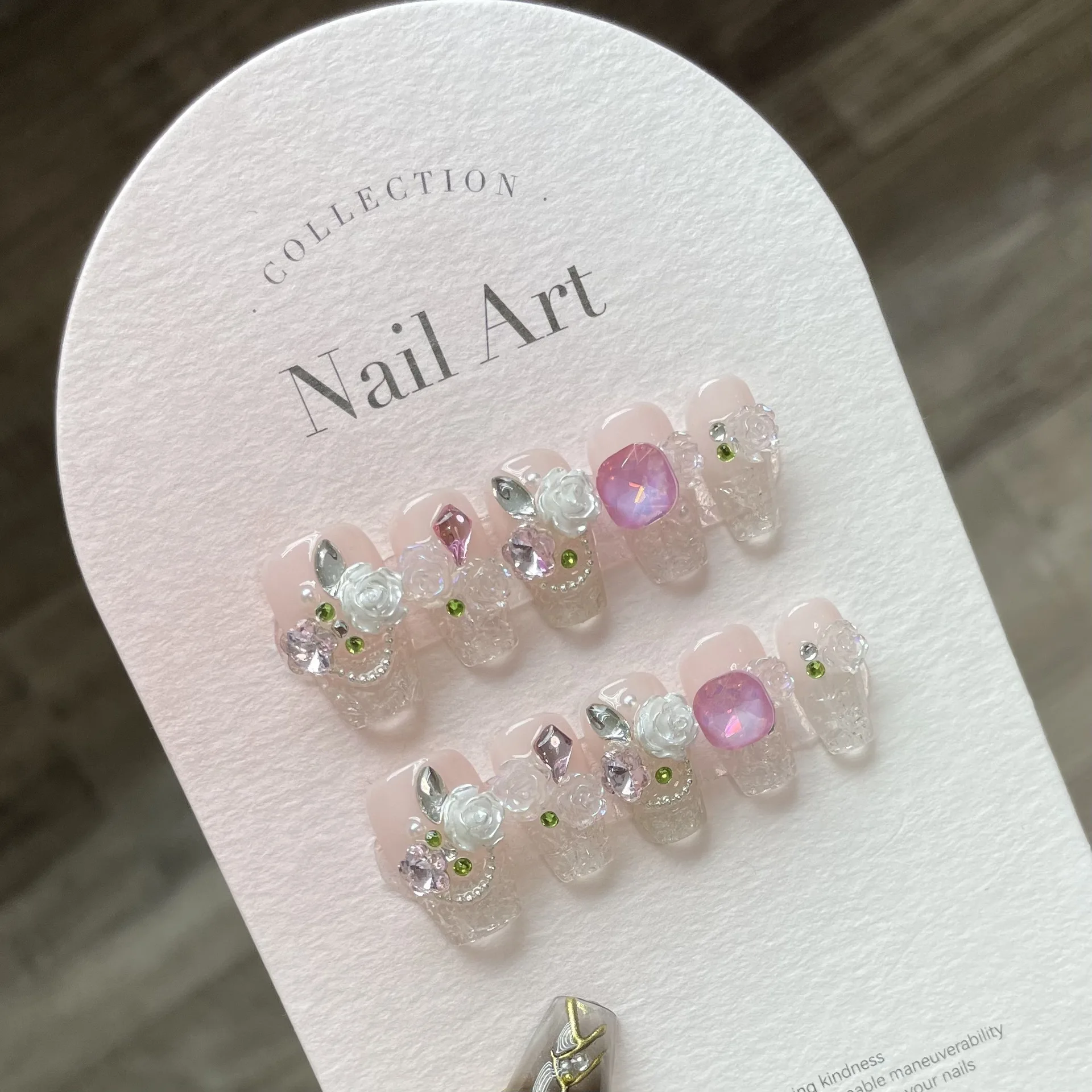 

3D Camellia Handmade Press on Nails Full Cover Ballerina Fake Nails Wearable Artificial Handworked False Nails With Rhinestones