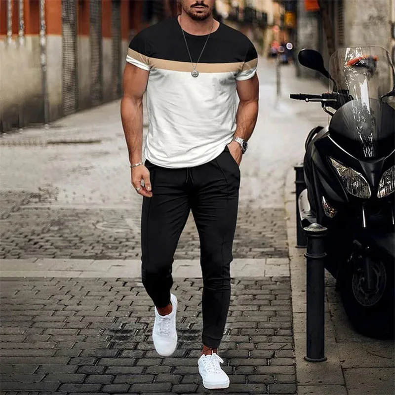 2023 Summer Men's Striped Sportswear Fashion Short Sleeve T-shirt Trousers Street Wear 2-piece Men's Suit Casual Suit Sportswear