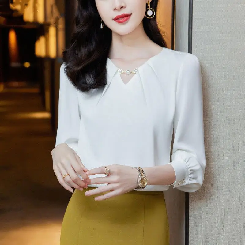 Spring Pearl Chic V-nekc Chiffon Blouse Ladies Korean Fashion Elegant Solid Shirt Women Simple All-match Long Sleeve Top Female enlarge